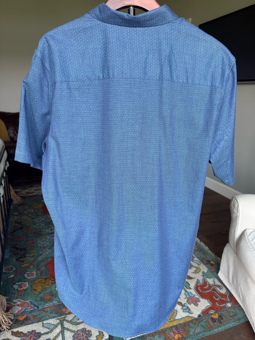 Alfani Men's Dark Blue Button Down Short Sleeve Shirt With Subtle Pattern, Large - Picture 3 of 7
